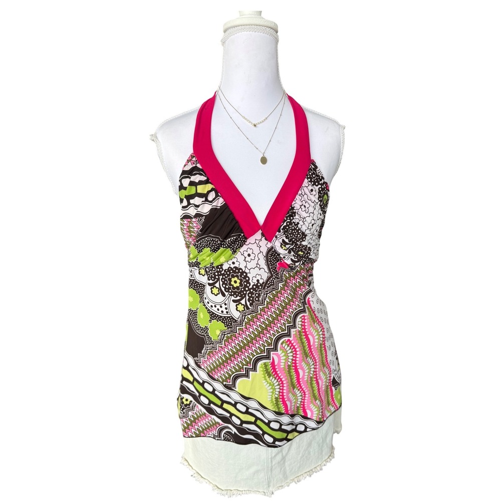 Y2K Papaya Halter Top Babydoll Tunic Boho Pink Green Brown Graphic Print Large
